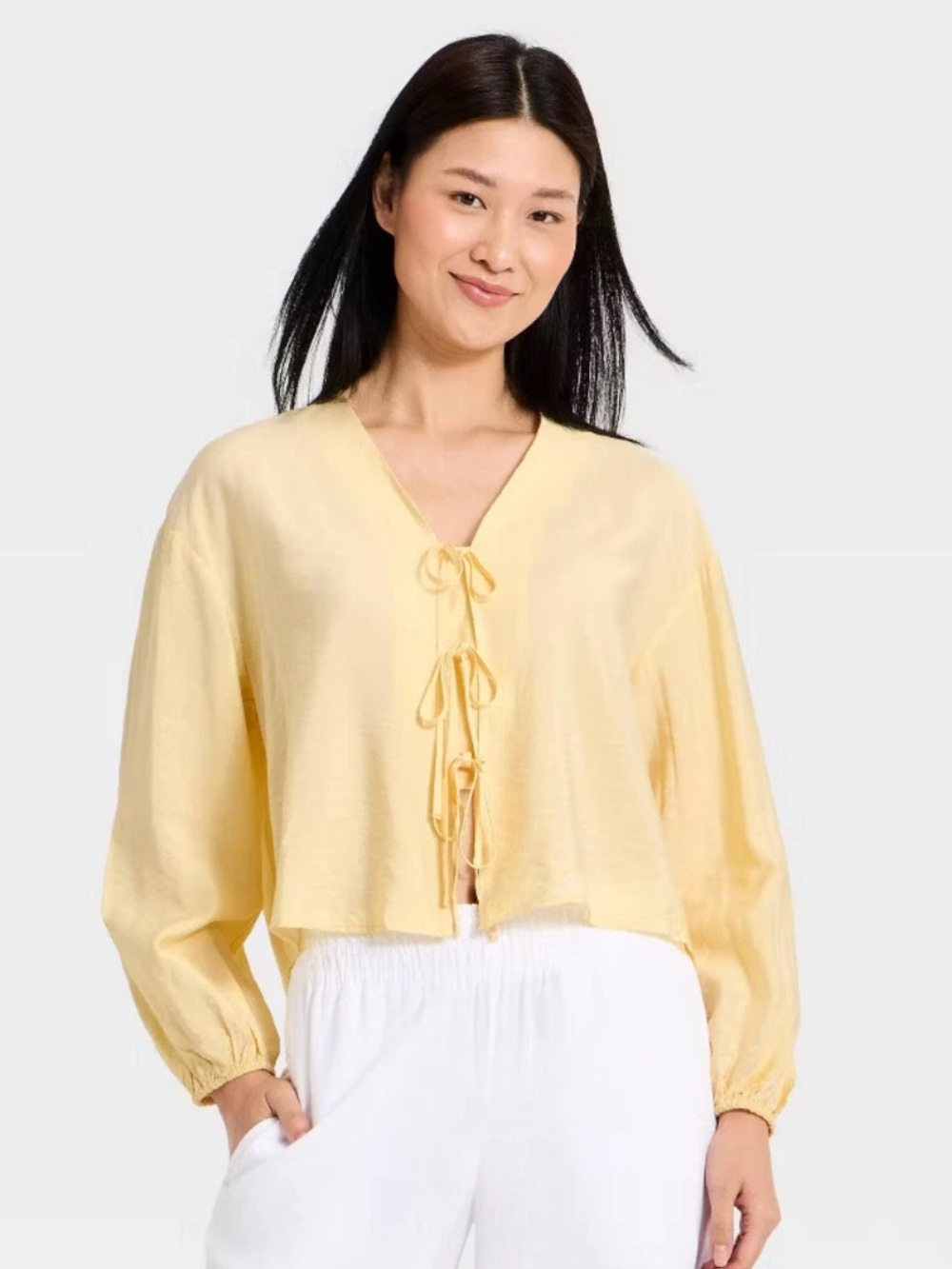 a new day Pale Yellow Button-Front Tie Blouse